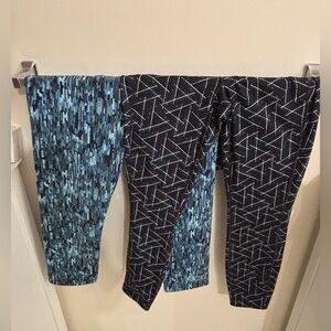 2 Pairs W’s LL Bean Leggings Crop-Capri Size S Green Blue Teal Aqua-Geometric